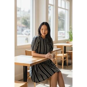 LOFT Black White Striped Puff Sleeve Fit Flare Dress Size XS